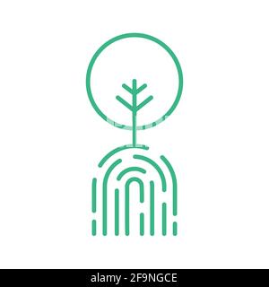 Icône de ligne d'arbre d'impression avec doigt vert. Concept zéro émission. Conservation de l'environnement. Logo de la nature des empreintes digitales. Impact humain sur la Terre. Plantez un panneau d'arbre. Illustration de Vecteur