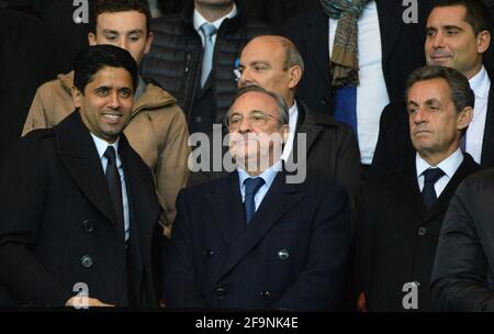 Photo du dossier en date du 21 octobre 2015 de Nasser Al Khelaifi, président du Real Madrid Florentino Perez et Nicolas Sarkozy au stade du Parc des Princes à Paris, France. La Super League européenne a été créée « pour sauver le football », explique le président du Real Madrid Florentino Perez. Real est l'un des 12 clubs européens qui se sont inscrits à la ligue séparatiste et ont l'intention d'établir une nouvelle compétition de mi-semaine. Perez a déclaré que cette décision avait été prise parce que les jeunes ne sont plus « intéressés par le football » à cause de « beaucoup de jeux de mauvaise qualité ». Photo de Christian Liewig/ABACAPRESS.COM Banque D'Images