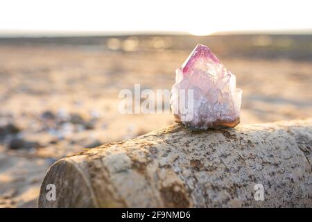 Cristal améthyste sur bois, coucher de soleil chaud sur la plage arrière-plan avec espace de copie. Mode geode violet naturel brut unique en extérieur, mise au point douce Banque D'Images