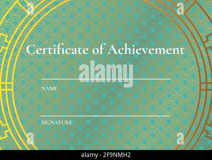 Texte du certificat de réalisation avec des lignes blanches et un espace de copie dans un cadre rond sur un motif doré Banque D'Images