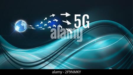 Composition de texte de 5 g avec flèches blanches et globe sur la lumière verte s'allume en arrière-plan Banque D'Images