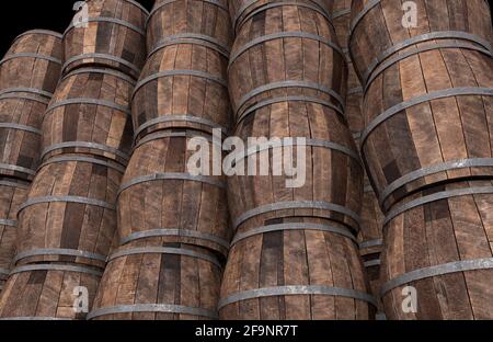 Fûts de vin en bois. Rendu 3D Banque D'Images