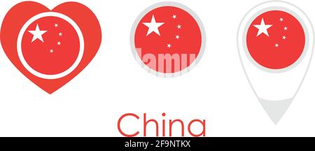 Drapeau national de la Chine, icône ronde, icône en forme de coeur et signe d'emplacement, vecteur Illustration de Vecteur