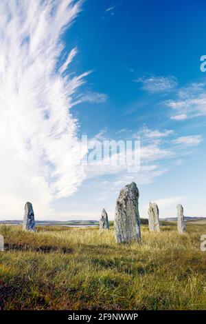 Ceann Hulavig préhistorique cercle de pierres néolithique alias Callanish IV à Garynahine, Calanais Callanish, île de Lewis, Écosse. Vue N.W. Banque D'Images