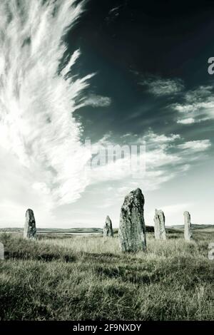 Ceann Hulavig préhistorique cercle de pierres néolithique alias Callanish IV à Garynahine, Calanais Callanish, île de Lewis, Écosse. Vue N.W. Banque D'Images