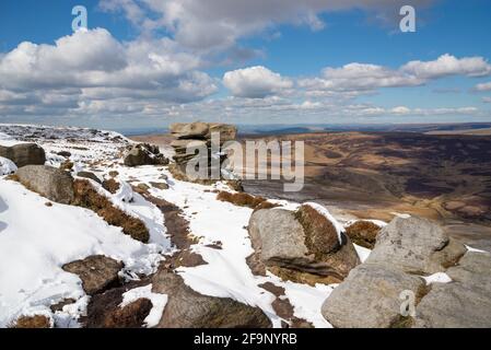 Chemin le long du bord nord de Kinder Scout en regardant vers le bas sur les landes de Pennine avec un mélange inhabituel de neige et le soleil d'avril. Banque D'Images