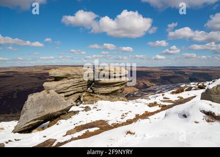 Chemin le long du bord nord de Kinder Scout en regardant vers le bas sur les landes de Pennine avec un mélange inhabituel de neige et le soleil d'avril. Banque D'Images