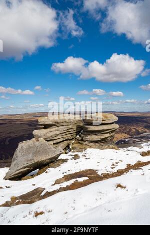 Chemin le long du bord nord de Kinder Scout en regardant vers le bas sur les landes de Pennine avec un mélange inhabituel de neige et le soleil d'avril. Banque D'Images