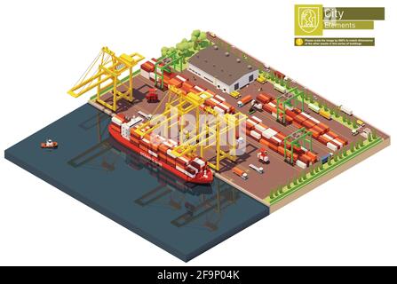 Terminal de conteneur de port isométrique vectoriel et navire Illustration de Vecteur