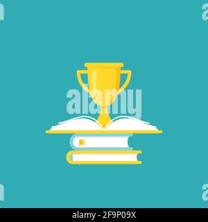 pile de livres avec trophée d'or ou coupe gagnante. Isolé sur fond bleu poudre. Icône de lecture à plat. Illustration vectorielle. Logo Education. Connaissances Illustration de Vecteur