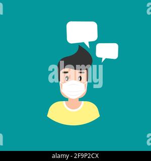 homme avec avatar masque médical. type avec bulles de parole. icône plate sur fond bleu. personnage de la personne. Mettre l'avatar en quarantaine. Protège-bouche, protection contre les virus Illustration de Vecteur