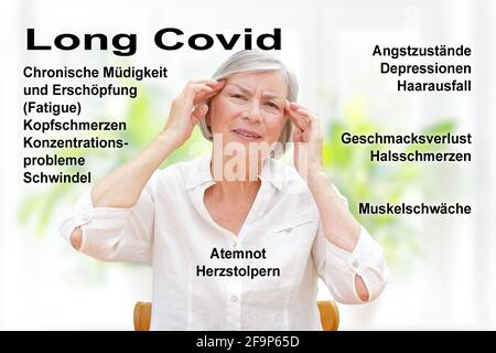 Symptômes fréquents du syndrome de Covid long : troubles du système respiratoire, dysfonctions cardiaques et mentales, en allemand. Banque D'Images