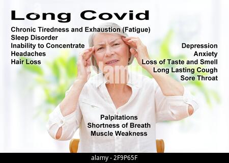 Symptômes fréquents du syndrome de Covid long : troubles du système respiratoire, dysfonctions cardiaques et mentales, comme la fatigue. Banque D'Images