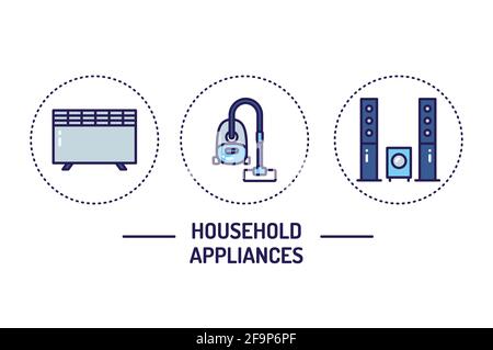 Jeux d'icônes de couleur pour appareils ménagers. Appareils électroniques pour la maison et la cuisine. Technologie domestique. Affiche une page Web, une application mobile, une bannière Illustration de Vecteur