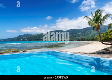 Plage et piscine ensoleillées dans un complexe tropical Banque D'Images