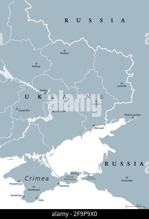 Ukraine de l'est, carte politique grise. La péninsule de Crimée, sur la côte de la mer Noire, et le Donbass, formé par la région de Donetsk et de Luhansk. Banque D'Images