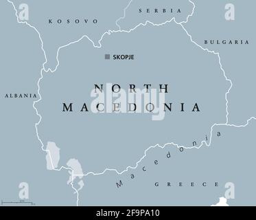 Macédoine du Nord, carte politique grise, avec sa capitale Skopje. République et pays enclavé en Europe du Sud-est. Banque D'Images