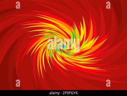 Pic rouge, plumes d'épine de feu sauvage en spirale, arrière-plan flamboyant et puissant. Banque D'Images