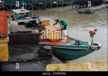 28.06.2014, Yangon, , Myanmar - les travailleurs déchargent les boîtes froides d'un bateau sur le marché traditionnel du poisson Baho San Pya. Le marché est un marché de gros dans Banque D'Images