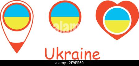 Drapeau national de l'Ukraine, icône ronde, icône en forme de coeur et signe d'emplacement, vecteur Illustration de Vecteur