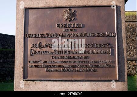 Plaque en mémoire des officiers, officiers non commissionnés et hommes des Argyll et Sutherland Highlanders perdus en guerre Afrique du Sud 1899 - 1902 AT Banque D'Images