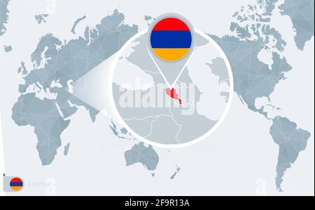 Carte du monde centrée sur le Pacifique avec Arménie agrandie. Drapeau et carte de l'Arménie sur l'Asie au centre de la carte du monde. Illustration de Vecteur