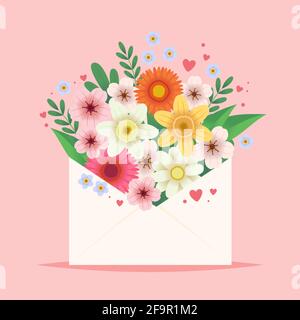 Fleurs dans une enveloppe. Carte de vœux de fête des mères ou de Saint-Valentin mignonne. Illustration vectorielle Illustration de Vecteur