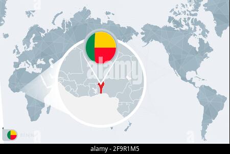 Carte du monde centrée sur le Pacifique avec le Bénin agrandi. Drapeau et carte du Bénin sur l'Asie au centre de la carte du monde. Illustration de Vecteur