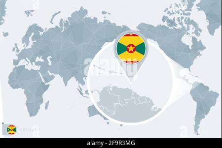 Carte du monde centrée sur le Pacifique avec Grenade magnifiée. Drapeau et carte de la Grenade sur l'Asie au centre de la carte du monde. Illustration de Vecteur