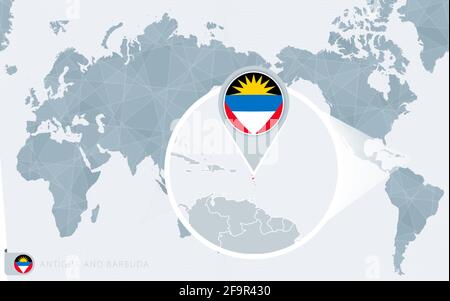 Carte du monde centrée sur le Pacifique avec Antigua-et-Barbuda agrandi. Drapeau et carte d'Antigua-et-Barbuda sur l'Asie au centre de la carte du monde. Illustration de Vecteur