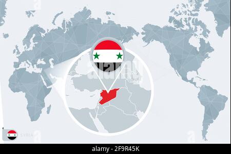 Carte du monde centrée sur le Pacifique avec une Syrie agrandie. Drapeau et carte de la Syrie sur l'Asie au centre de la carte du monde. Illustration de Vecteur