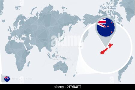 Carte du monde centrée sur le Pacifique avec une Nouvelle-Zélande agrandie. Drapeau et carte de la Nouvelle-Zélande sur l'Asie au centre de la carte du monde. Illustration de Vecteur