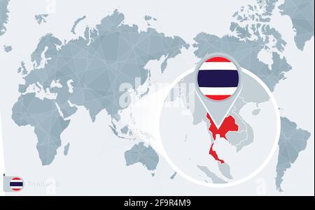 Carte du monde centrée sur le Pacifique avec la Thaïlande agrandie. Drapeau et carte de la Thaïlande sur l'Asie au centre de la carte du monde. Illustration de Vecteur