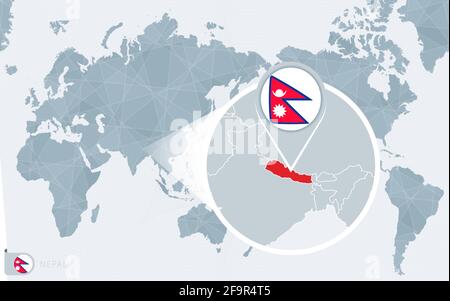 Carte du monde centrée sur le Pacifique avec Népal agrandi. Drapeau et carte du Népal sur l'Asie au centre de la carte du monde. Illustration de Vecteur