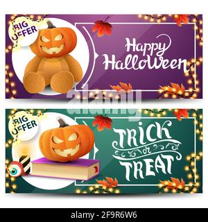 Mettez en place les bannières horizontales pour l'Halloween. Cartes de voeux violettes et vertes pour vos arts avec de belles icônes Banque D'Images