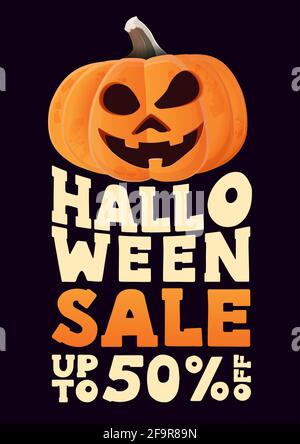 Soldes d'Halloween, jusqu'à 50 rabais, affiche de style typographique vertical avec potiron d'Halloween Banque D'Images