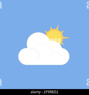 L'icône d'un nuage blanc avec le soleil derrière un est isolée sur un fond bleu Uni. Illustration vectorielle plate, EPS 10. Illustration de Vecteur