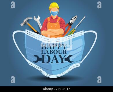 masque avec lettres de fête du travail. Fête du travail le 1er mai. Coronavirus, concept Covid-19. Illustration vectorielle. Illustration de Vecteur