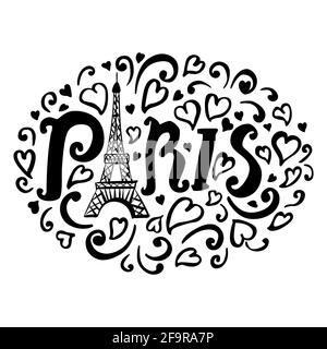 Carte de Paris avec lettres, coeurs, tour eiffel dessin à la main illustration isolée sur fond blanc. Imprimé noir de dessin Doodle Illustration de Vecteur