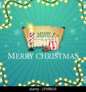 Joyeux Noël, carte postale carrée avec cadeau avec bougie de Noël, vieux parchemin, boule de Noël et cône Banque D'Images