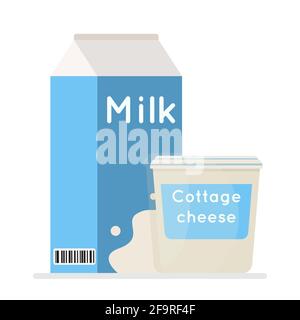 Illustration de vecteur de lait et de fromage cottage dans l'emballage. Produits frais de la ferme. Isolé sur un fond blanc. Illustration de Vecteur