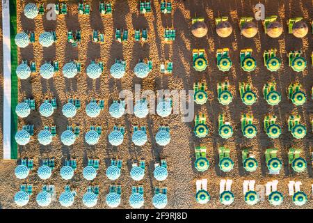 Parasols de plage colorés et chaises longues debout dans des rangées bien rangées d'en haut, Vieste, province de Foggia, Gargano, Apulia, Italie Banque D'Images