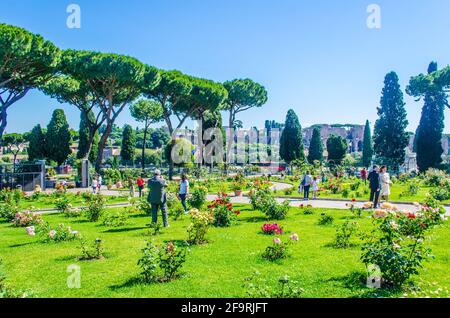 vue sur le jardin de la capitale roseto di roma à rome. ce jardin donne sur la ville depuis la colline de l'aventino. Banque D'Images