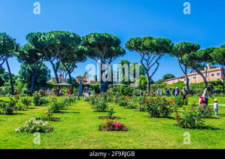 vue sur le jardin de la capitale roseto di roma à rome. ce jardin donne sur la ville depuis la colline de l'aventino. Banque D'Images