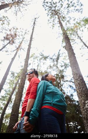 mariée et marié dos à dos tenant les mains dans le forêt Banque D'Images