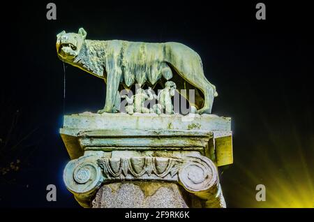 détail nocturne du symbole de rome: elle-loup allaitant romulus et remus Banque D'Images