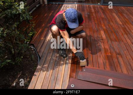 Lubrification de terrasse en bois dur, ouvrier d'application de l'huile de terrasse avec une brosse, rénovation de terrasse et nourrissant Banque D'Images