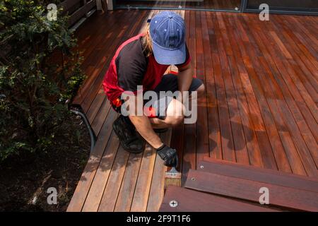 Terrasse de bois de feuillus IPEE annuelle rafraîchissante, homme avec pinceau appliquant de l'huile naturelle nourrissante sur les planches de terrasse en Ipe nettoyées et poncées Banque D'Images