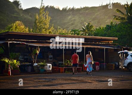 Des jeunes couples magasinent au coucher du soleil sur le stand de marché de la ferme situé sur le bord de la route à Kahuku Land Farms, sur la rive nord d'Oahu, près de Turtle Bay Resort, Hawaii, États-Unis Banque D'Images