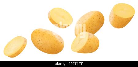 Pommes de terre crues en chute isolée sur fond blanc Banque D'Images
